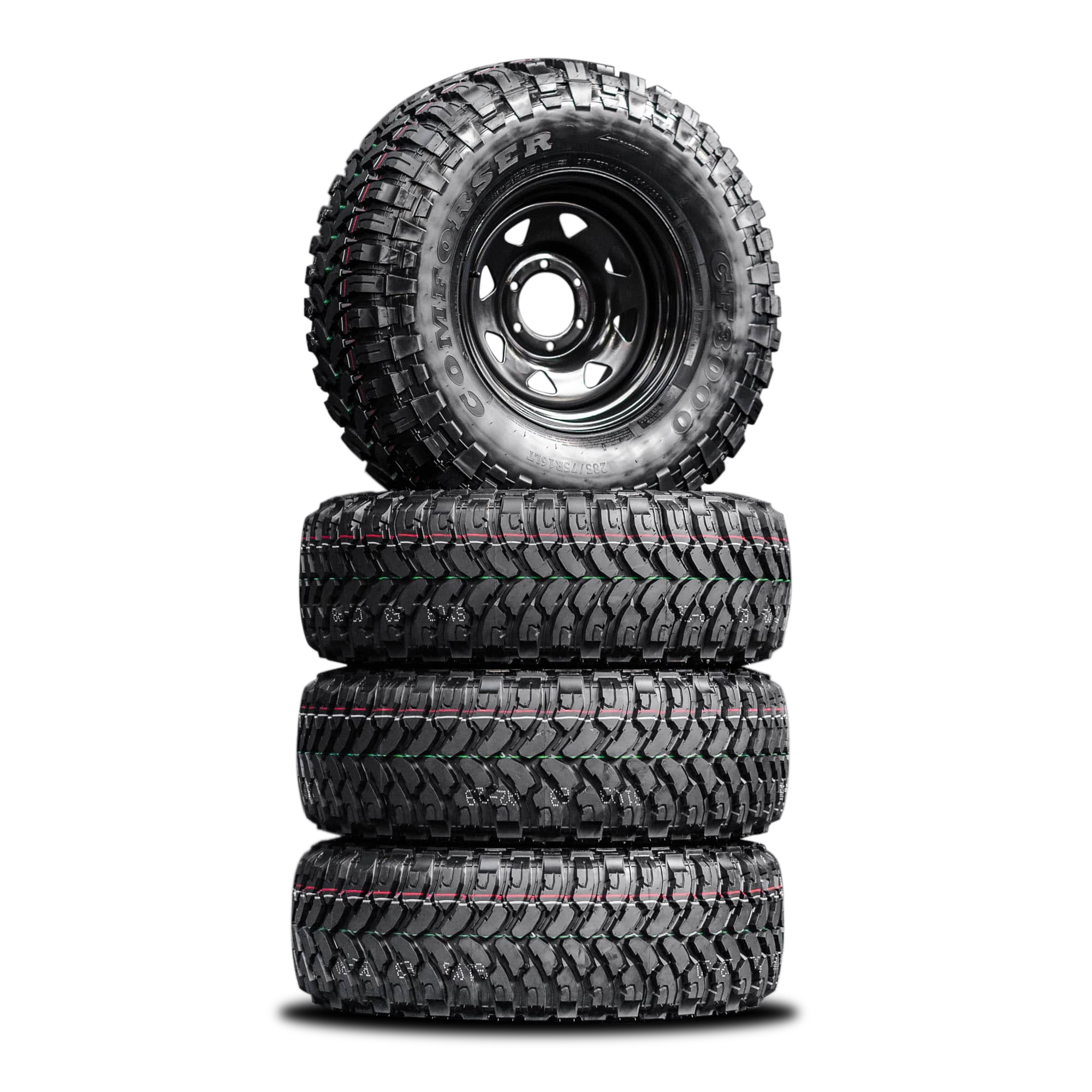 285/75/R16LT Mud Tyres + Steelies
